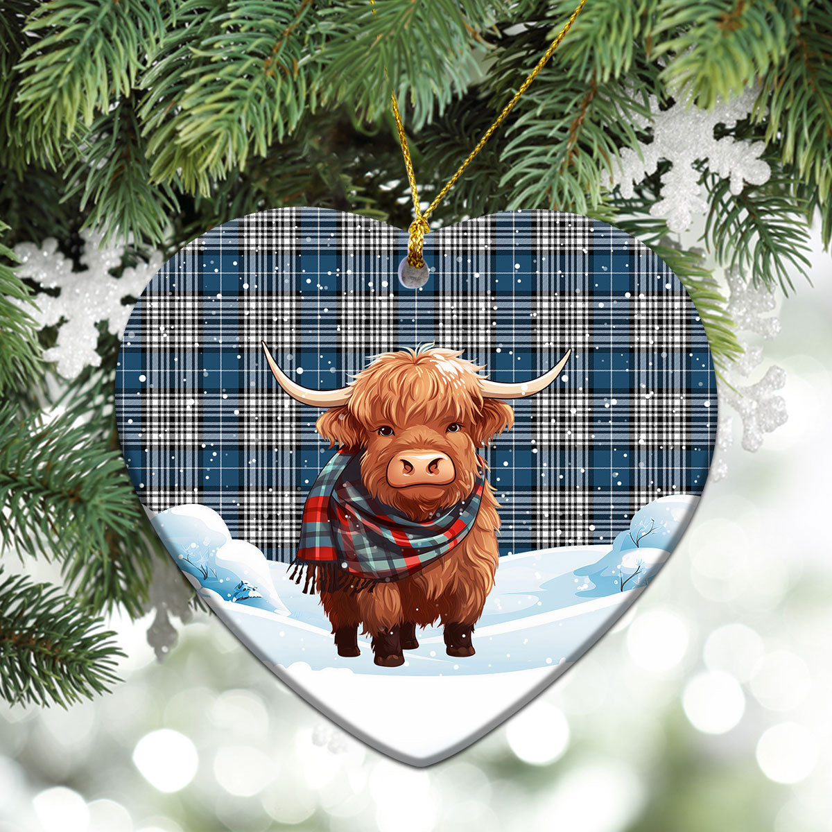 Napier Modern Tartan Christmas Ceramic Ornament - Highland Cows Snow Style