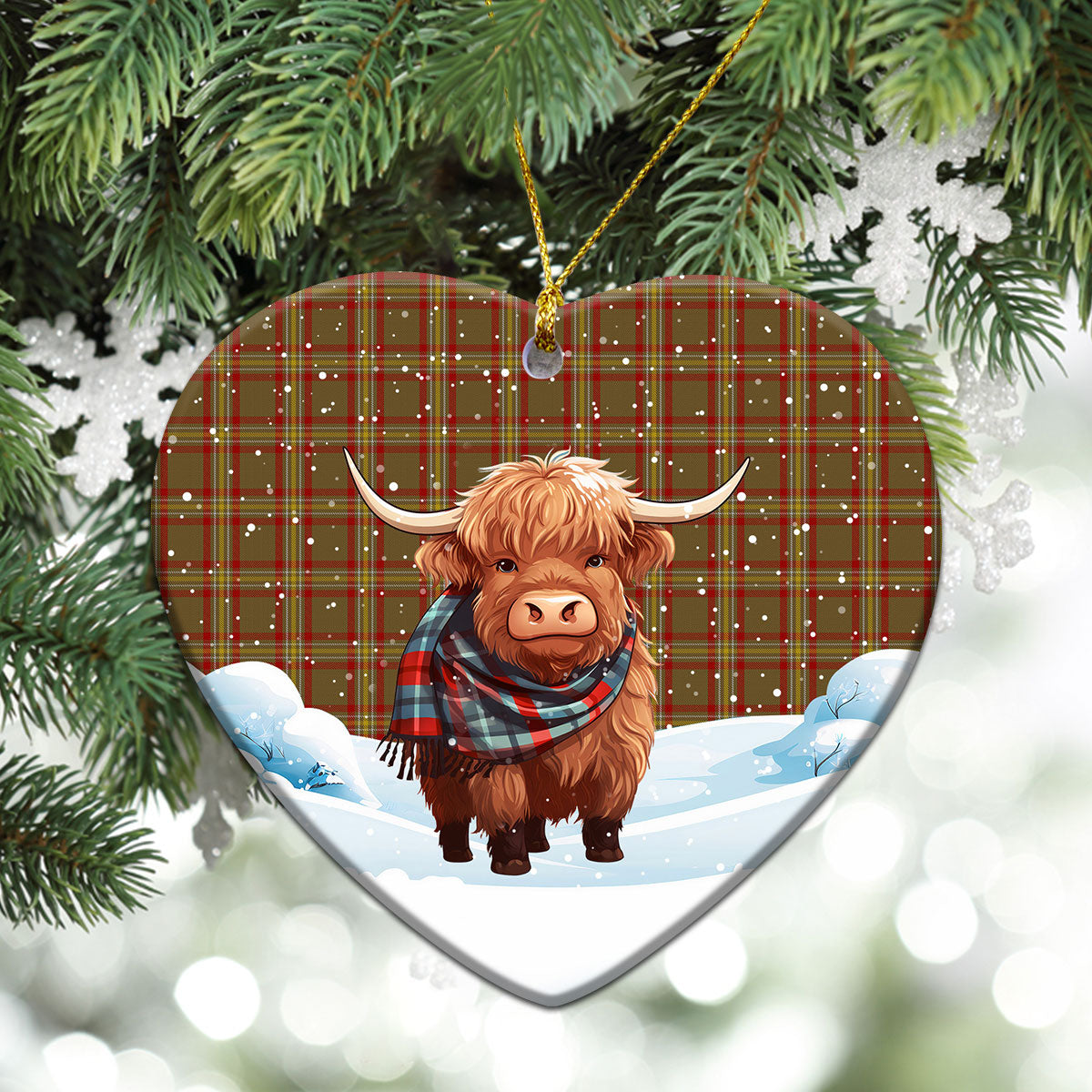 Reid Ancient Tartan Christmas Ceramic Ornament - Highland Cows Snow Style