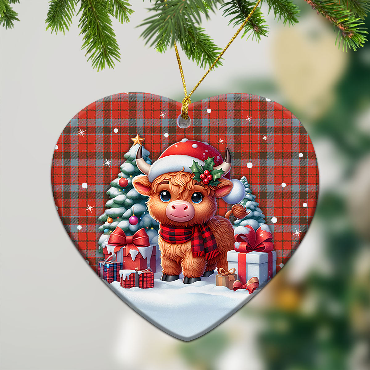 Robertson Weathered Tartan Christmas Ceramic Ornament - Highland Cow Winter Style