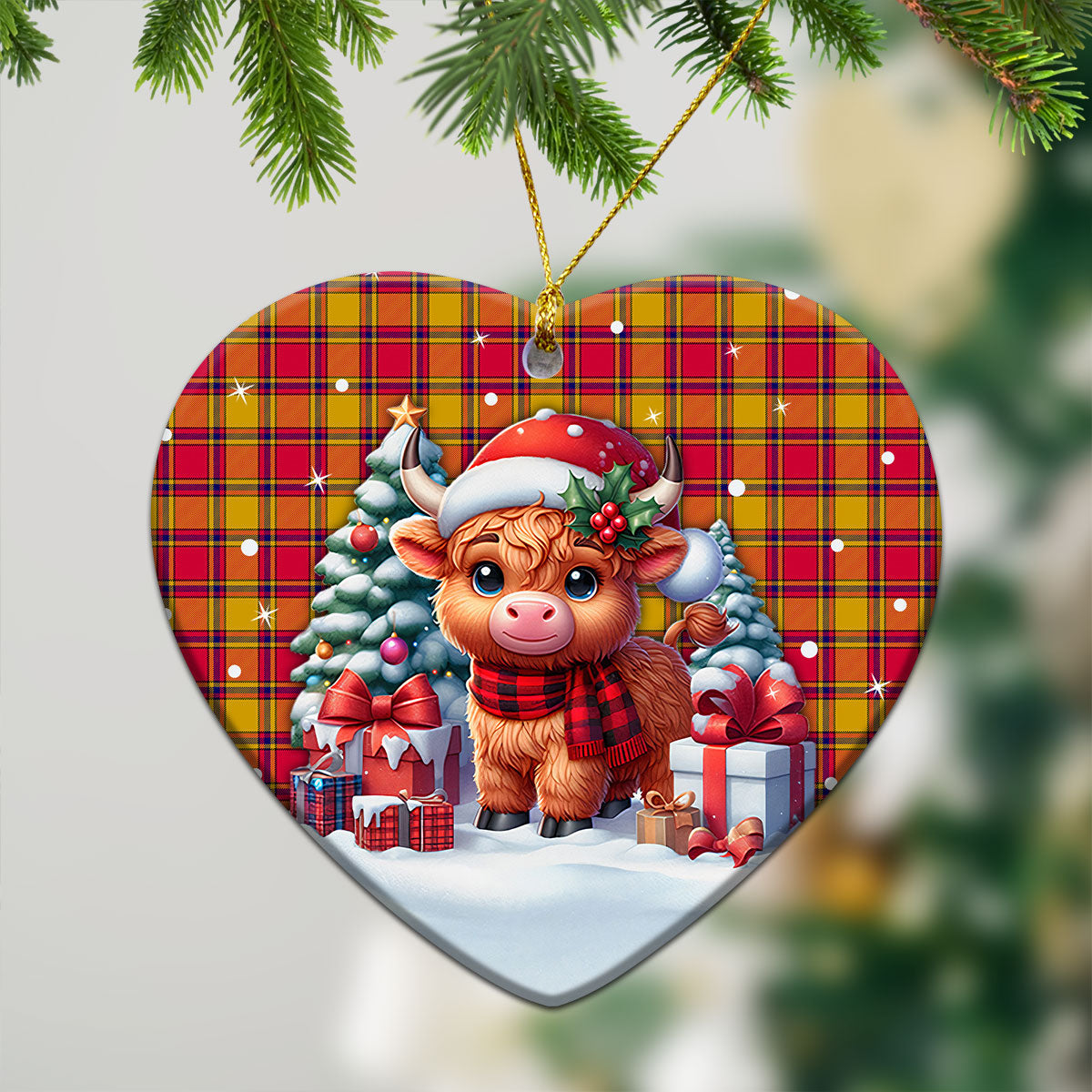 Scrymgeour Tartan Christmas Ceramic Ornament - Highland Cow Winter Style