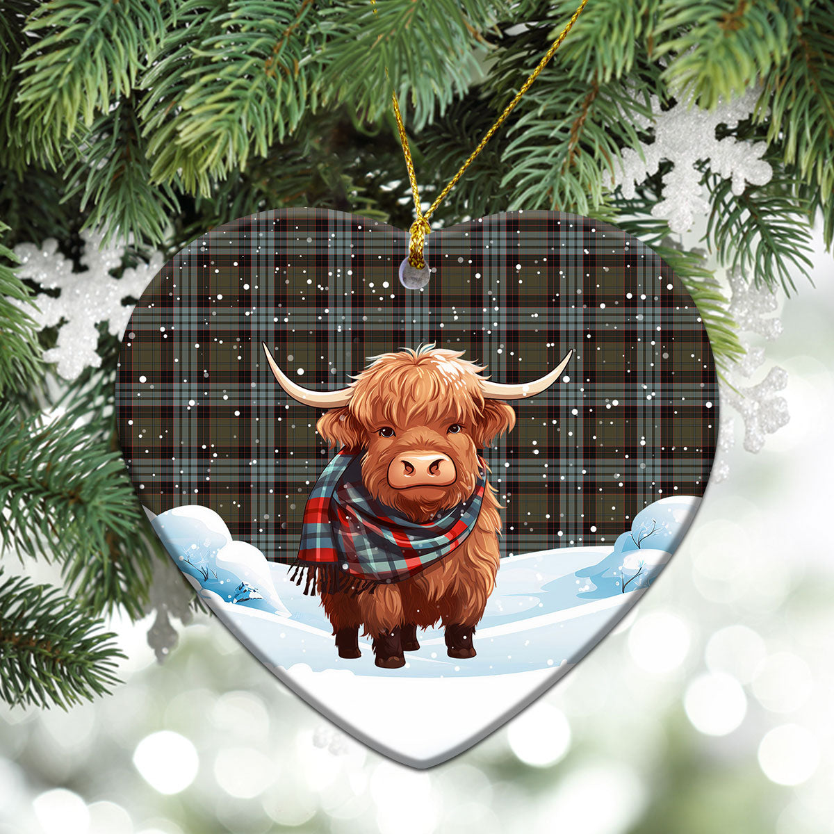 Stewart Old Weathered Tartan Christmas Ceramic Ornament - Highland Cows Snow Style