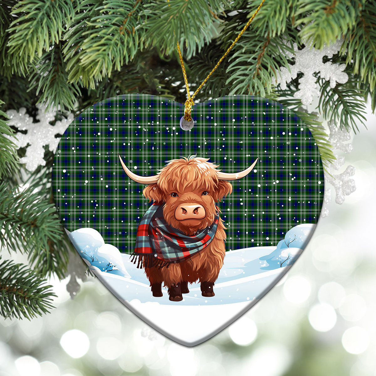 Swinton Tartan Christmas Ceramic Ornament - Highland Cows Snow Style