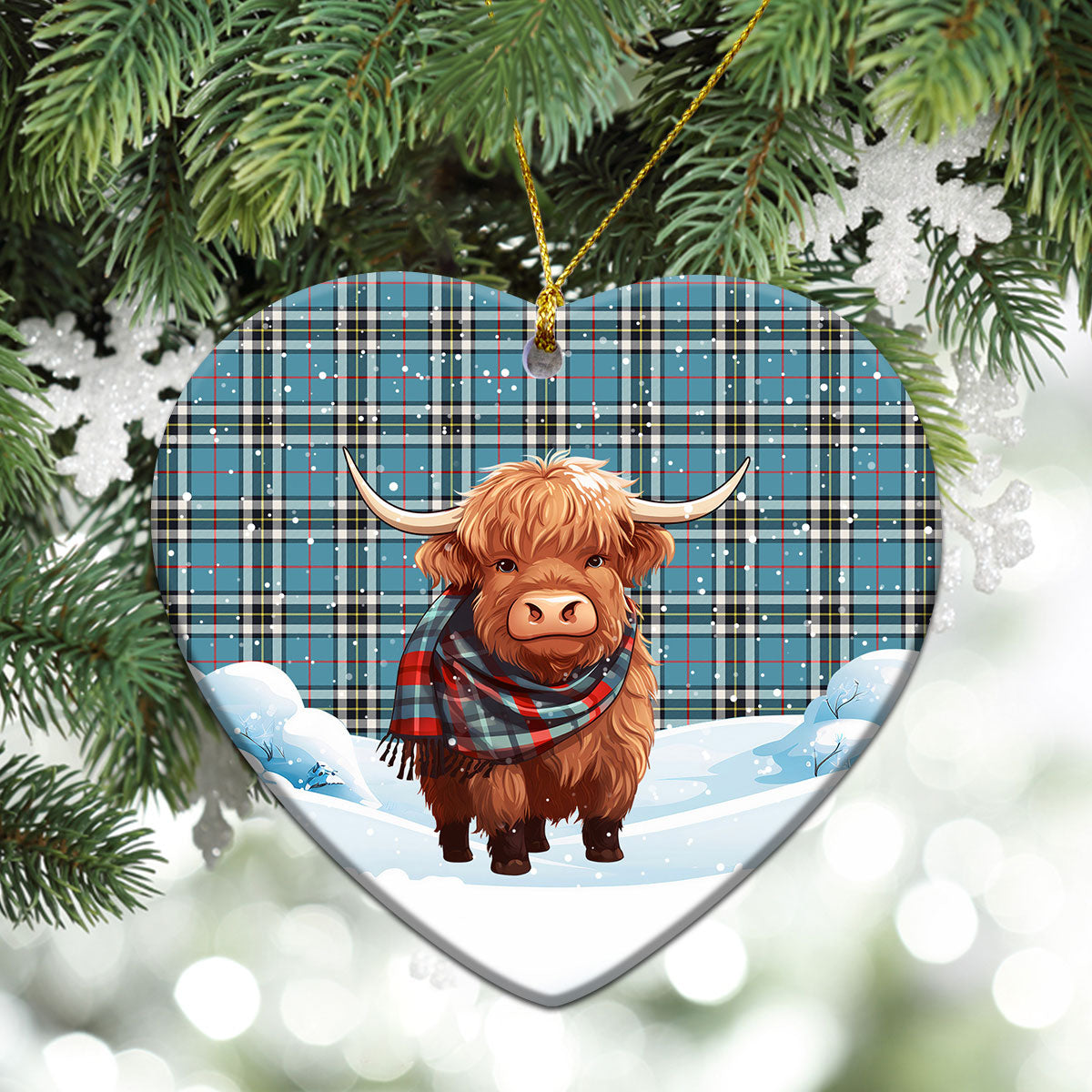 Thomson Blue Tartan Christmas Ceramic Ornament - Highland Cows Snow Style