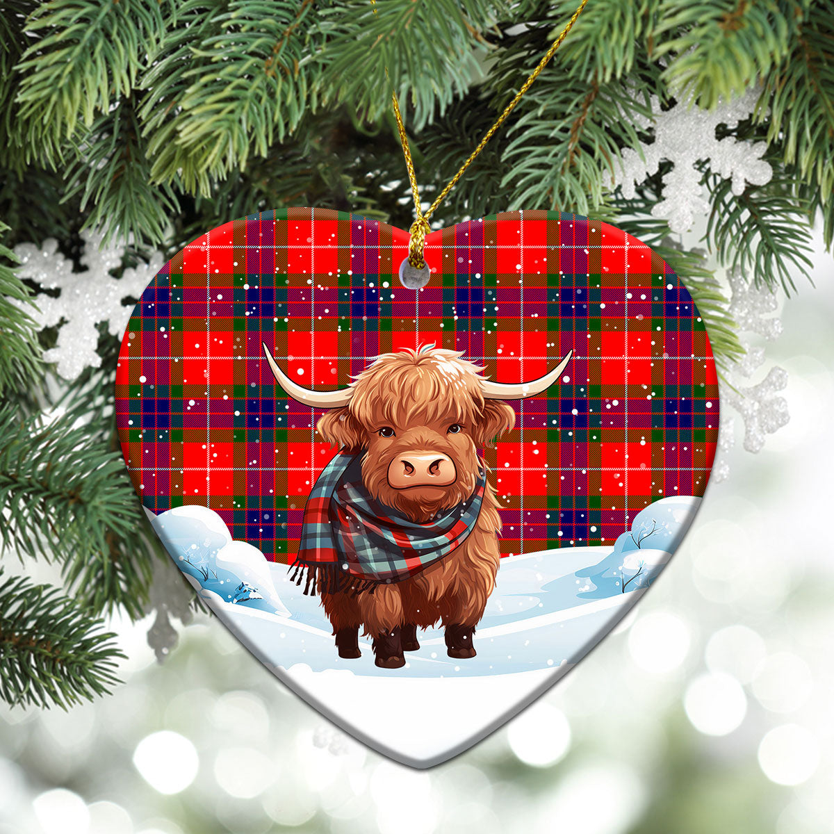 Tweedie Tartan Christmas Ceramic Ornament - Highland Cows Snow Style