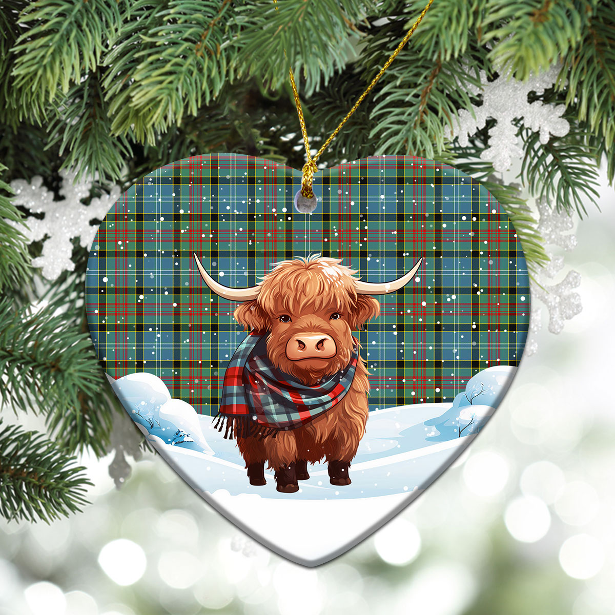 Walkinshaw Tartan Christmas Ceramic Ornament - Highland Cows Snow Style