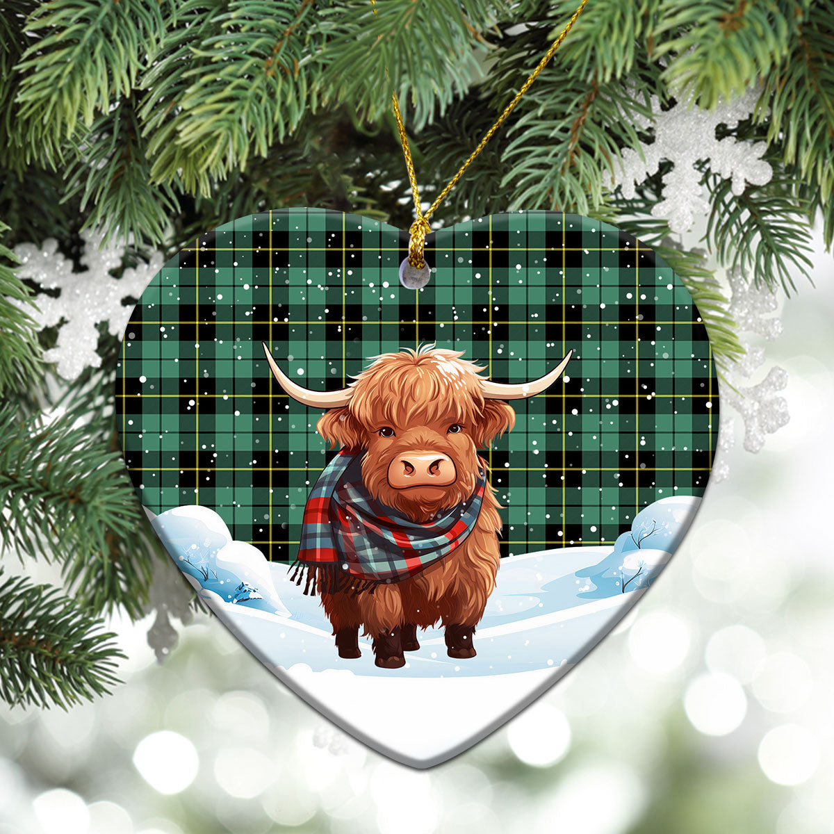 Wallace Hunting Ancient Tartan Christmas Ceramic Ornament - Highland Cows Snow Style