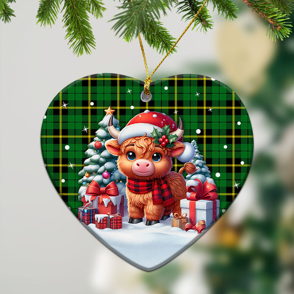 Wallace Hunting Modern Tartan Christmas Ceramic Ornament - Highland Cow Winter Style