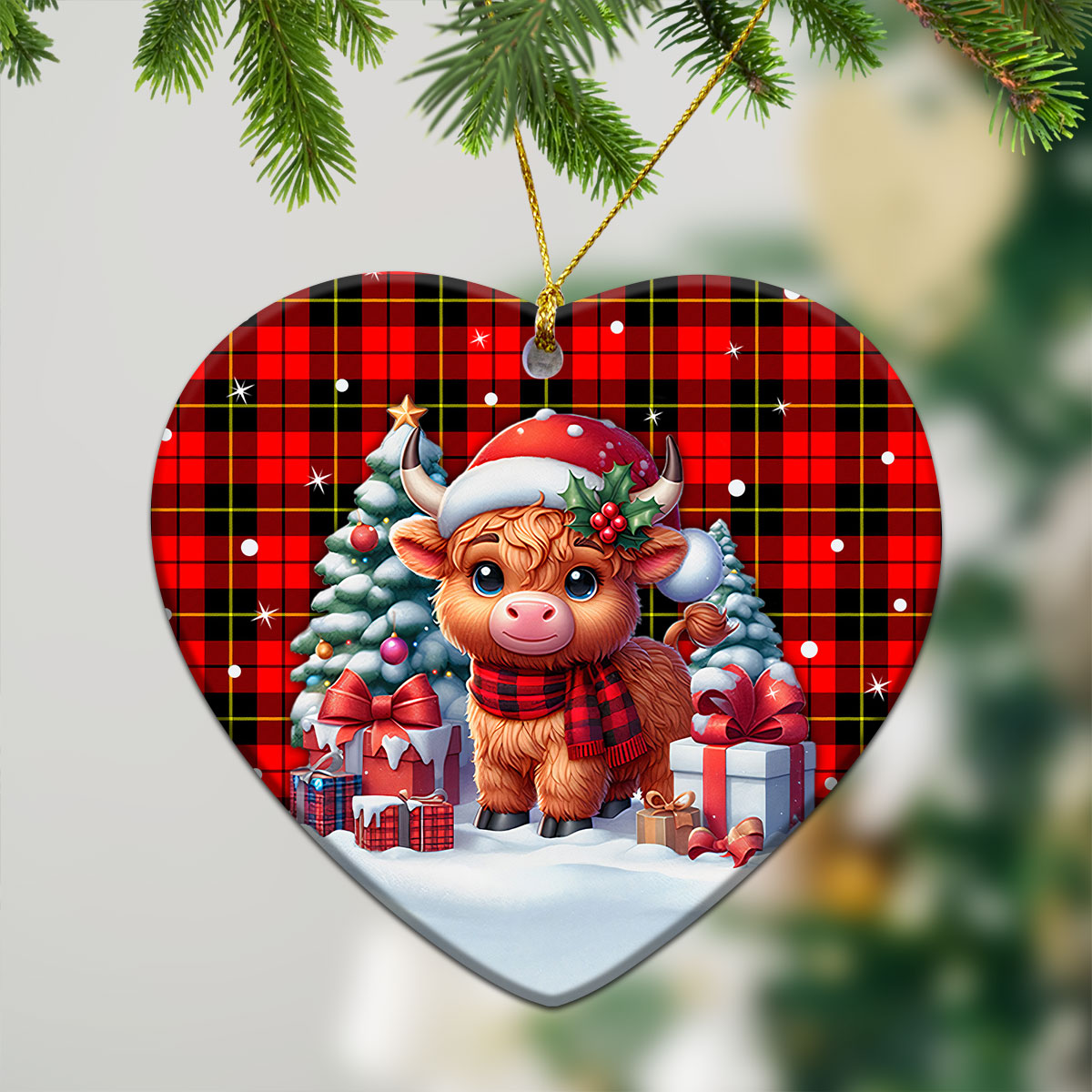 Wallace Hunting Red Tartan Christmas Ceramic Ornament - Highland Cow Winter Style