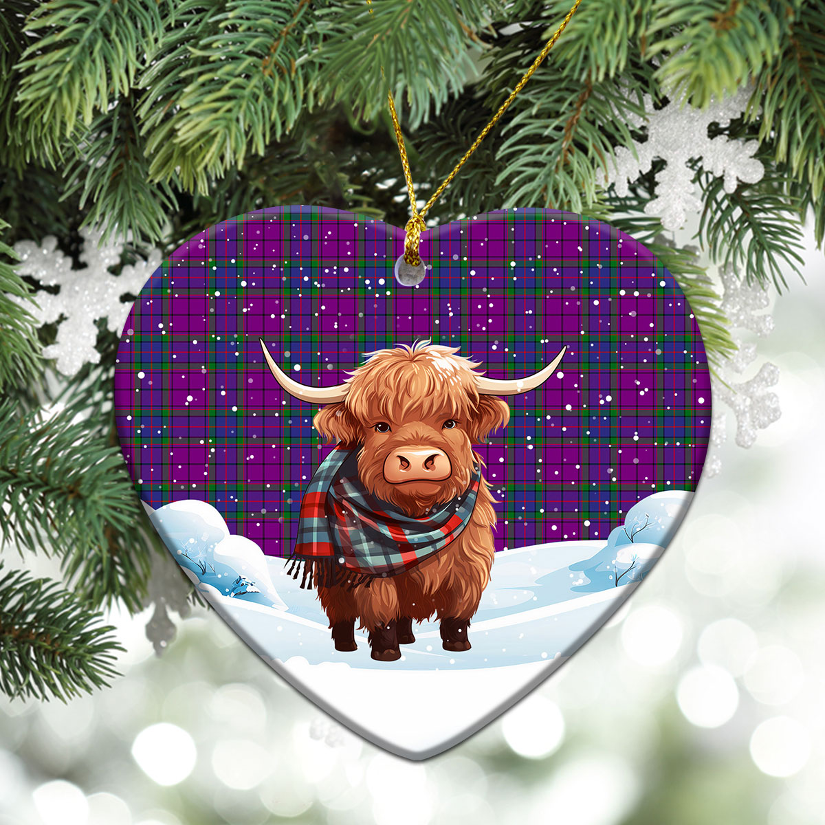 Wardlaw Modern Tartan Christmas Ceramic Ornament - Highland Cows Snow Style