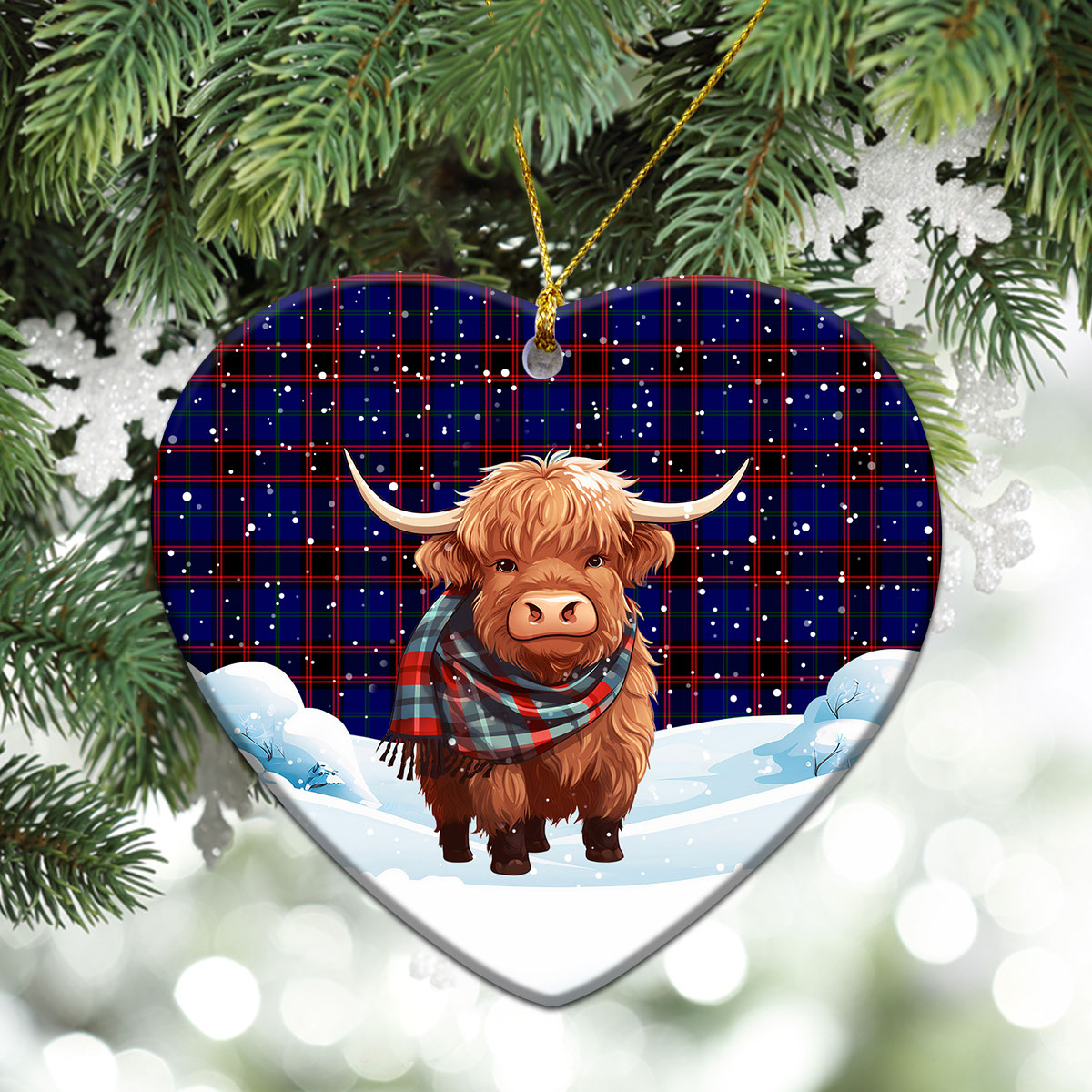 Wedderburn Tartan Christmas Ceramic Ornament - Highland Cows Snow Style