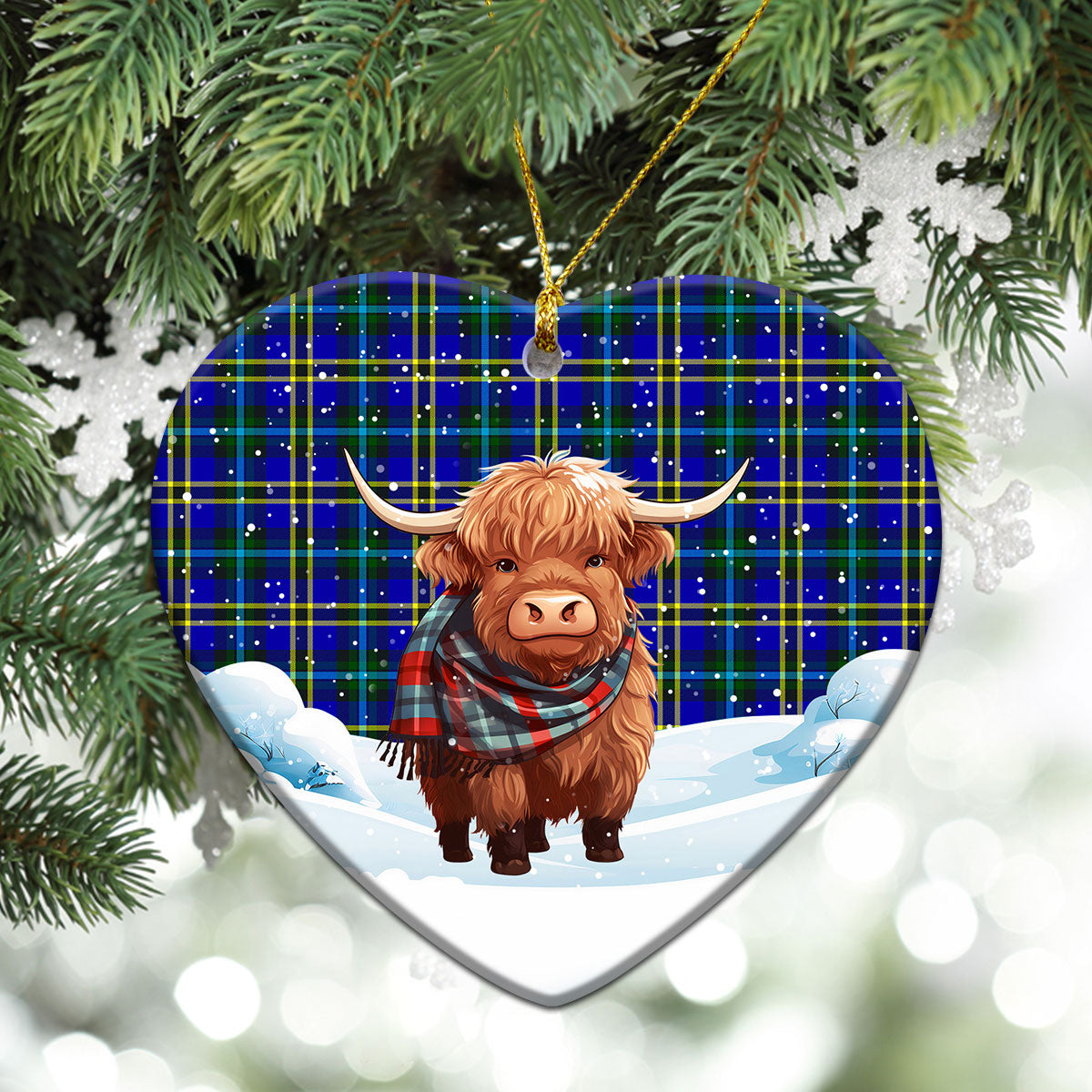 Weir Modern Tartan Christmas Ceramic Ornament - Highland Cows Snow Style