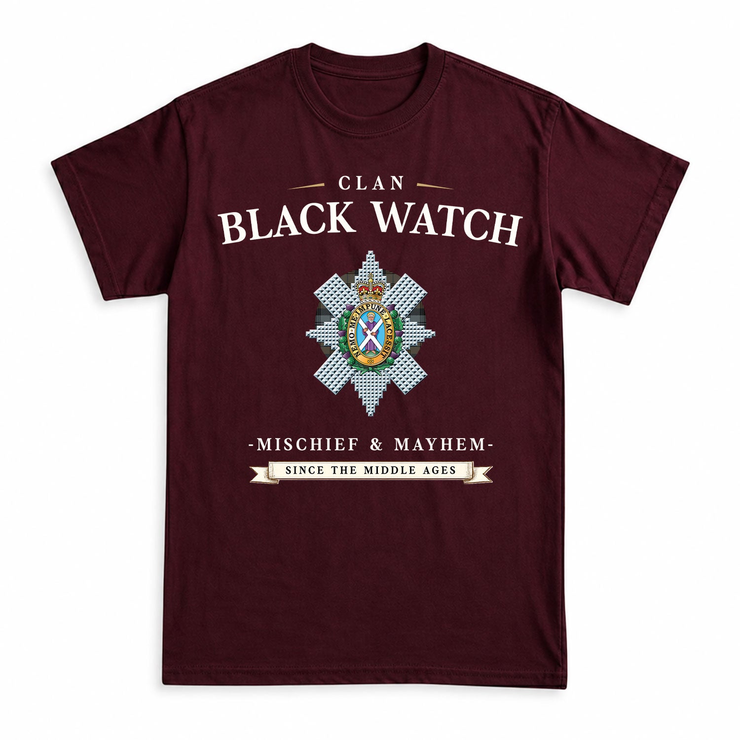 Black Watch Weathered Tartan Crest Mischief and Mayhem T-shirt