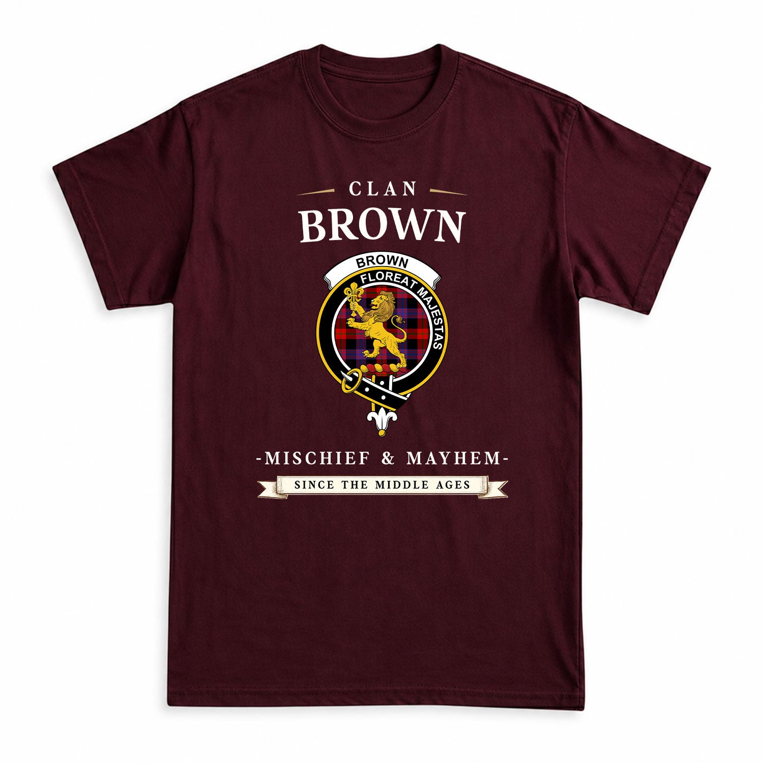 Brown Modern Tartan Crest Mischief and Mayhem T-shirt
