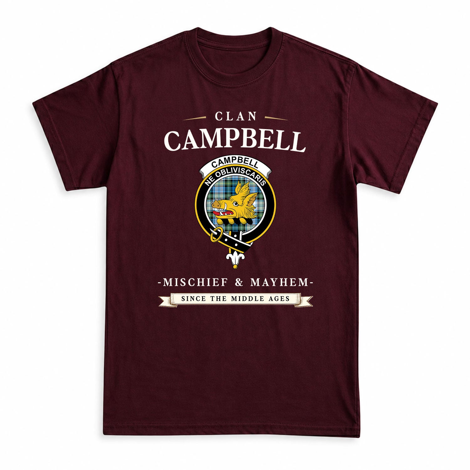 Campbell Dress Ancient Tartan Crest Mischief and Mayhem T-shirt