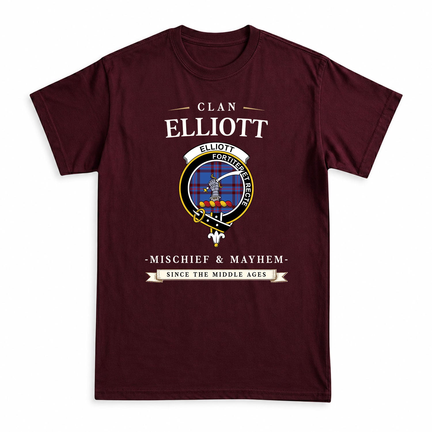 Elliott Modern Tartan Crest Mischief and Mayhem T-shirt