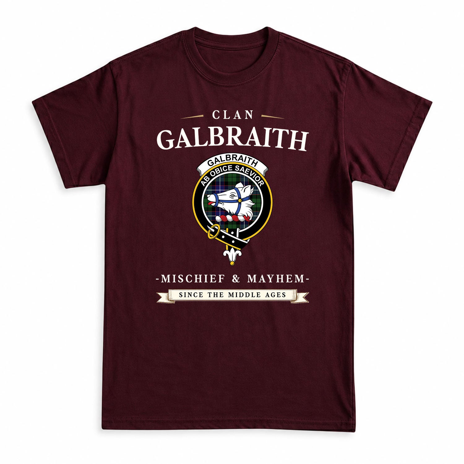 Galbraith Modern Tartan Crest Mischief and Mayhem T-shirt