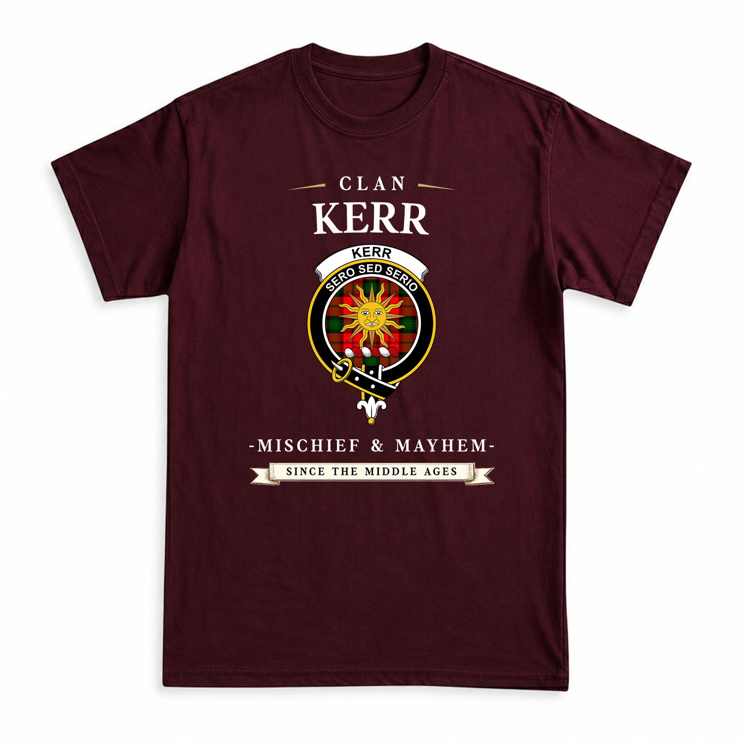 Kerr Modern Tartan Crest Mischief and Mayhem T-shirt