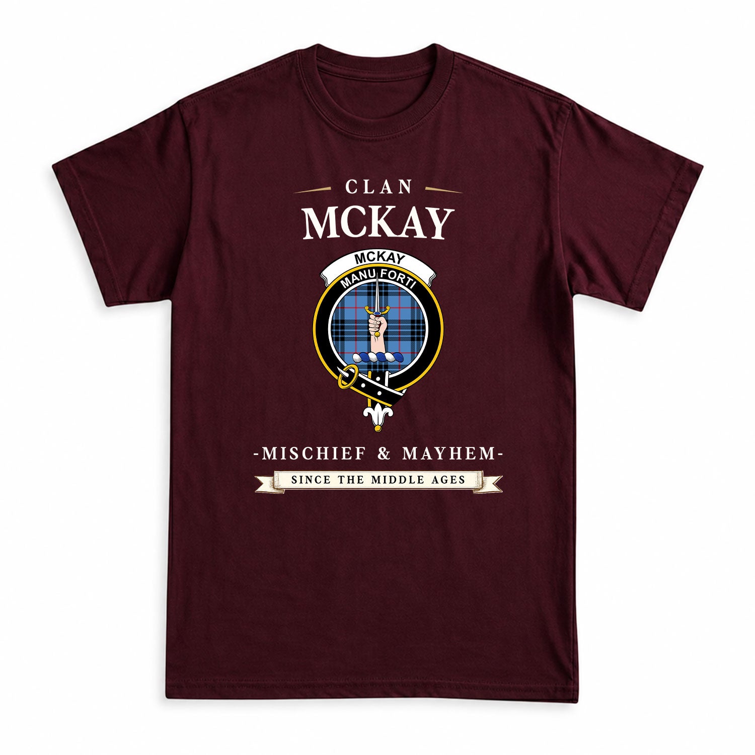 McKay Blue Tartan Crest Mischief and Mayhem T-shirt