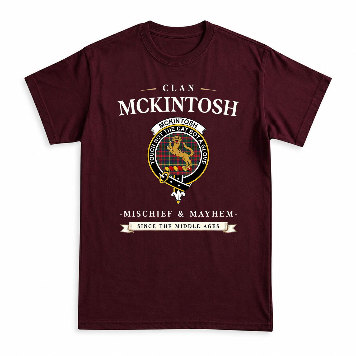McKintosh Hunting Modern Tartan Crest Mischief and Mayhem T-shirt