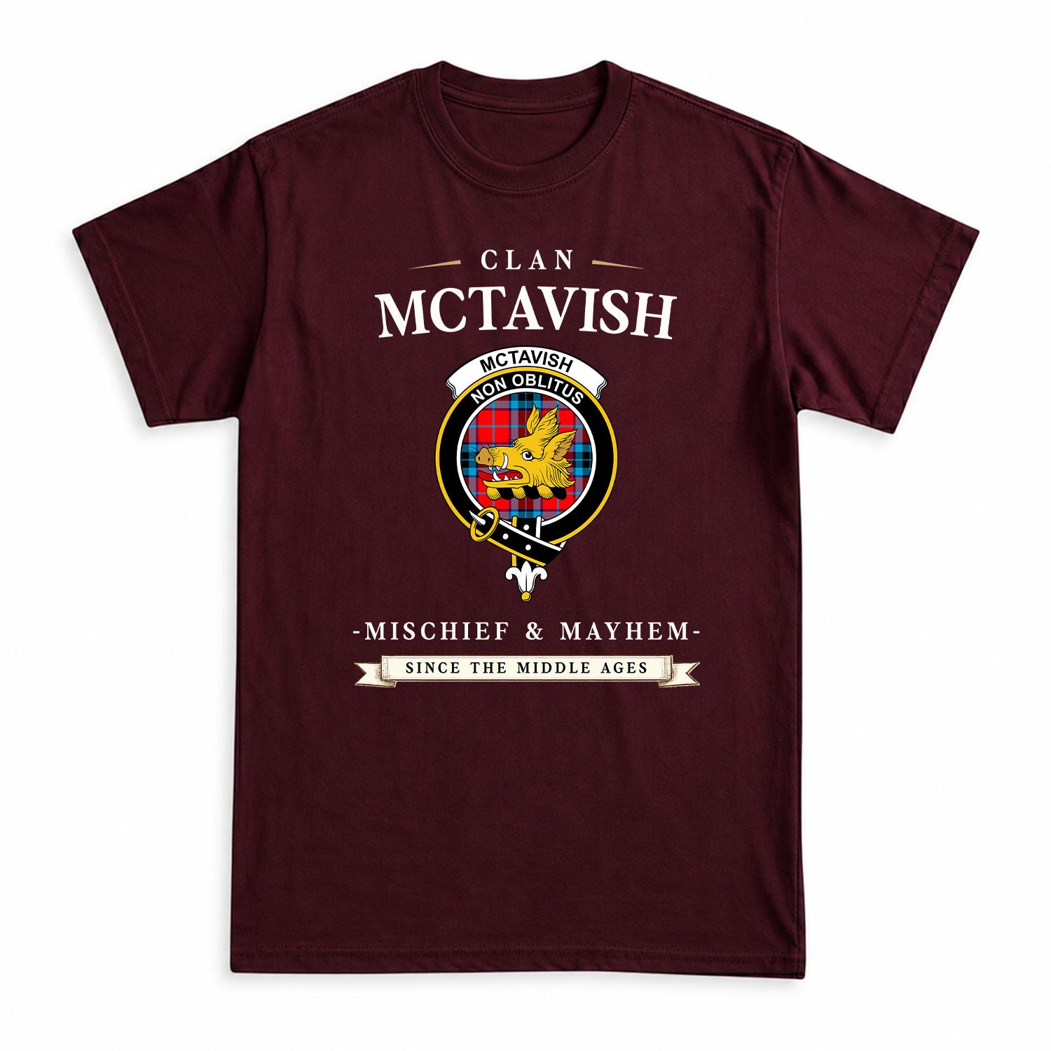 McTavish Modern Tartan Crest Mischief and Mayhem T-shirt
