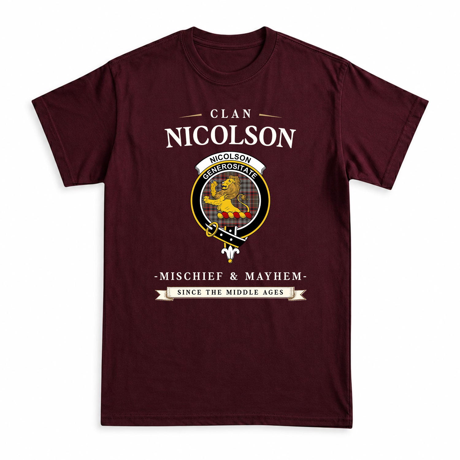 Nicolson Hunting Weathered Tartan Crest Mischief and Mayhem T-shirt