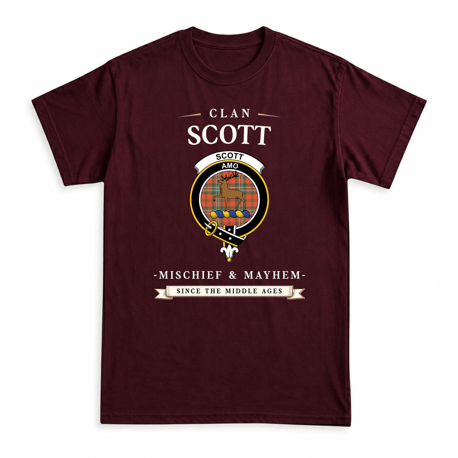 Scott Ancient Tartan Crest Mischief and Mayhem T-shirt