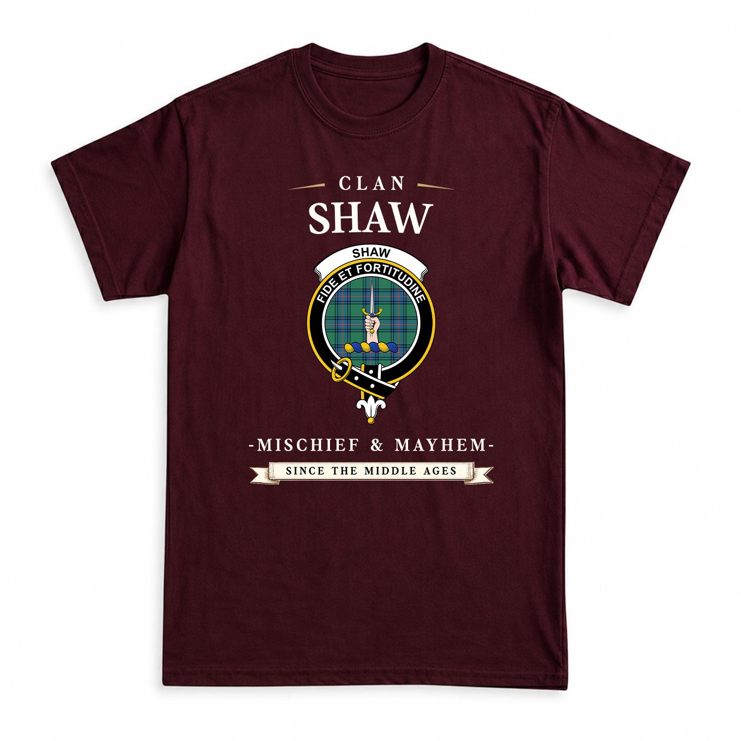 Shaw Ancient Tartan Crest Mischief and Mayhem T-shirt