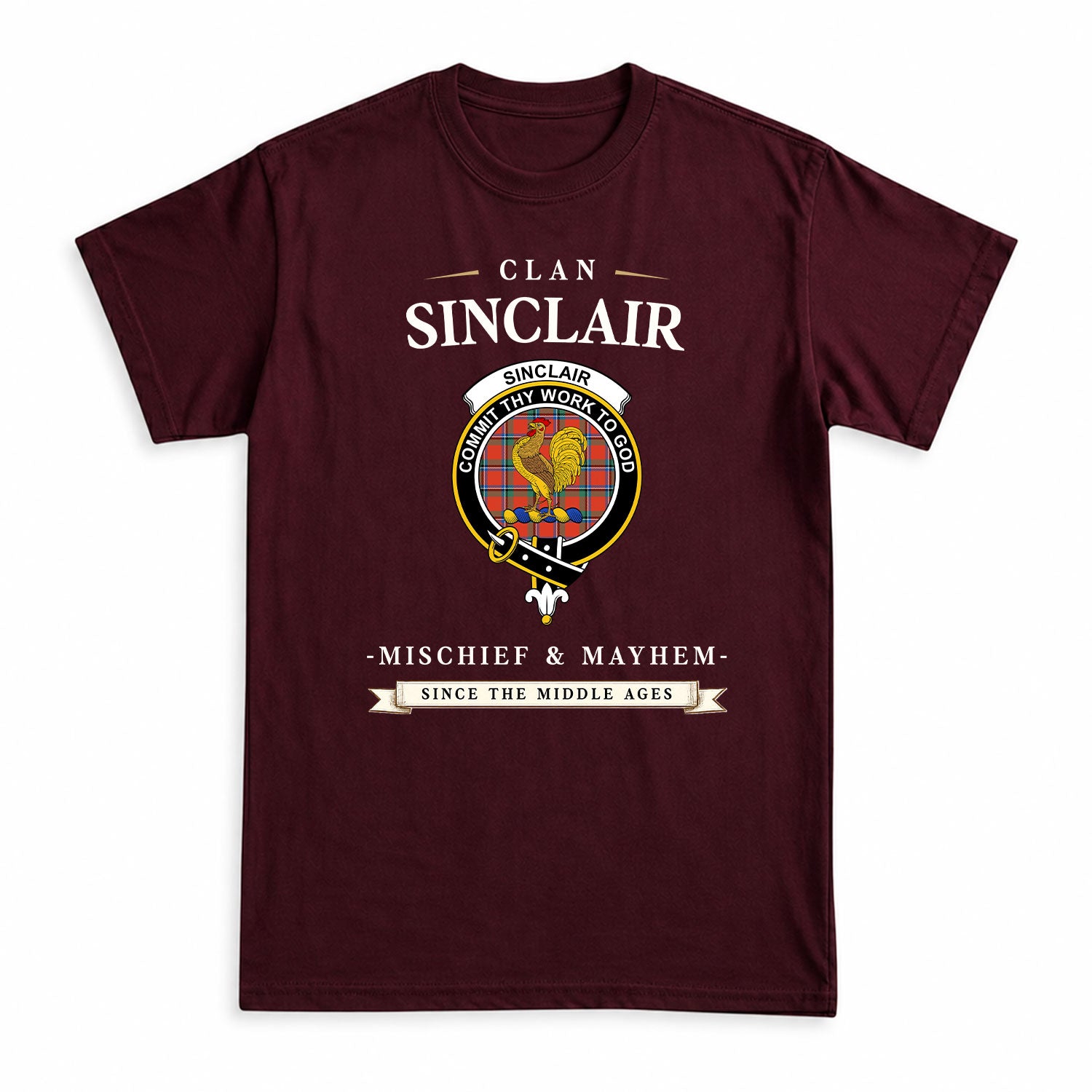 Sinclair Ancient Tartan Crest Mischief and Mayhem T-shirt