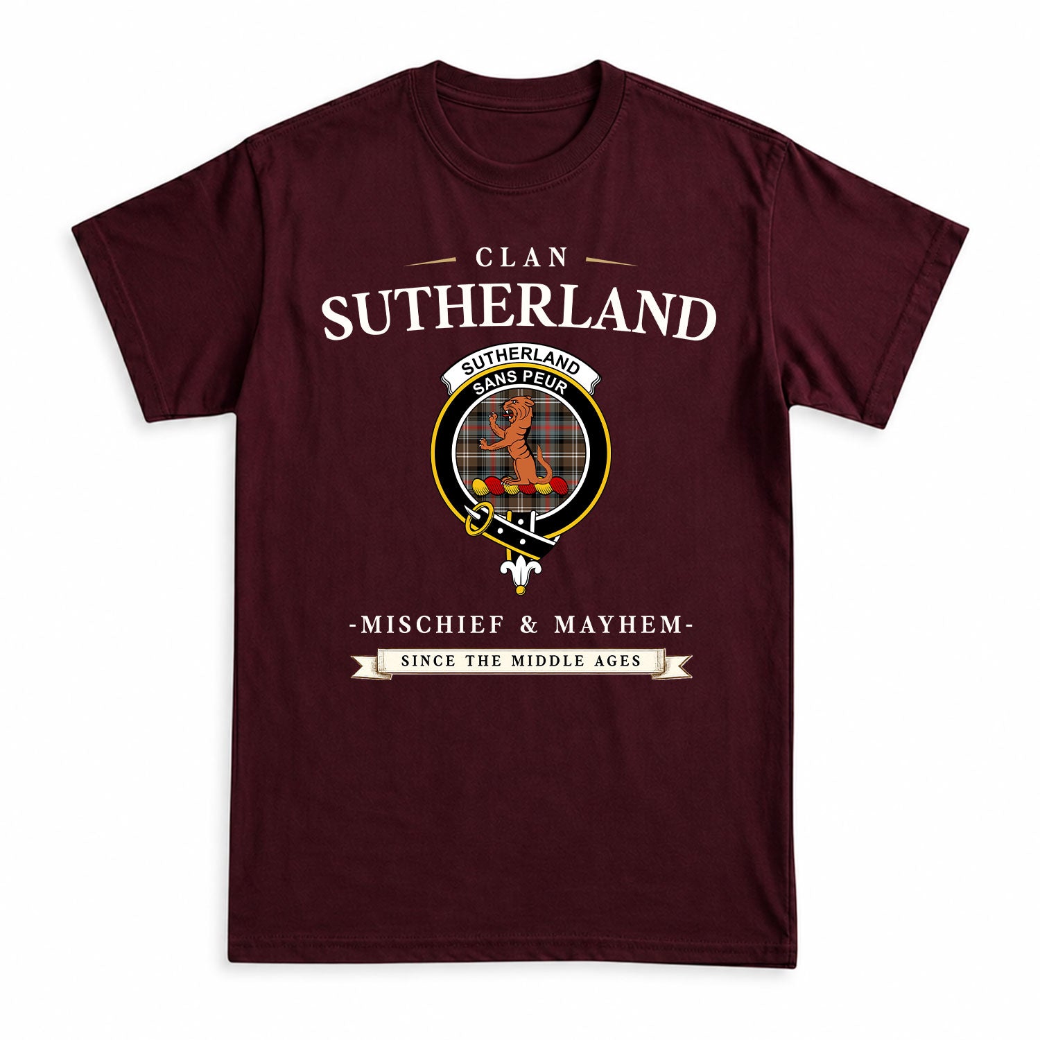Sutherland Weathered Tartan Crest Mischief and Mayhem T-shirt