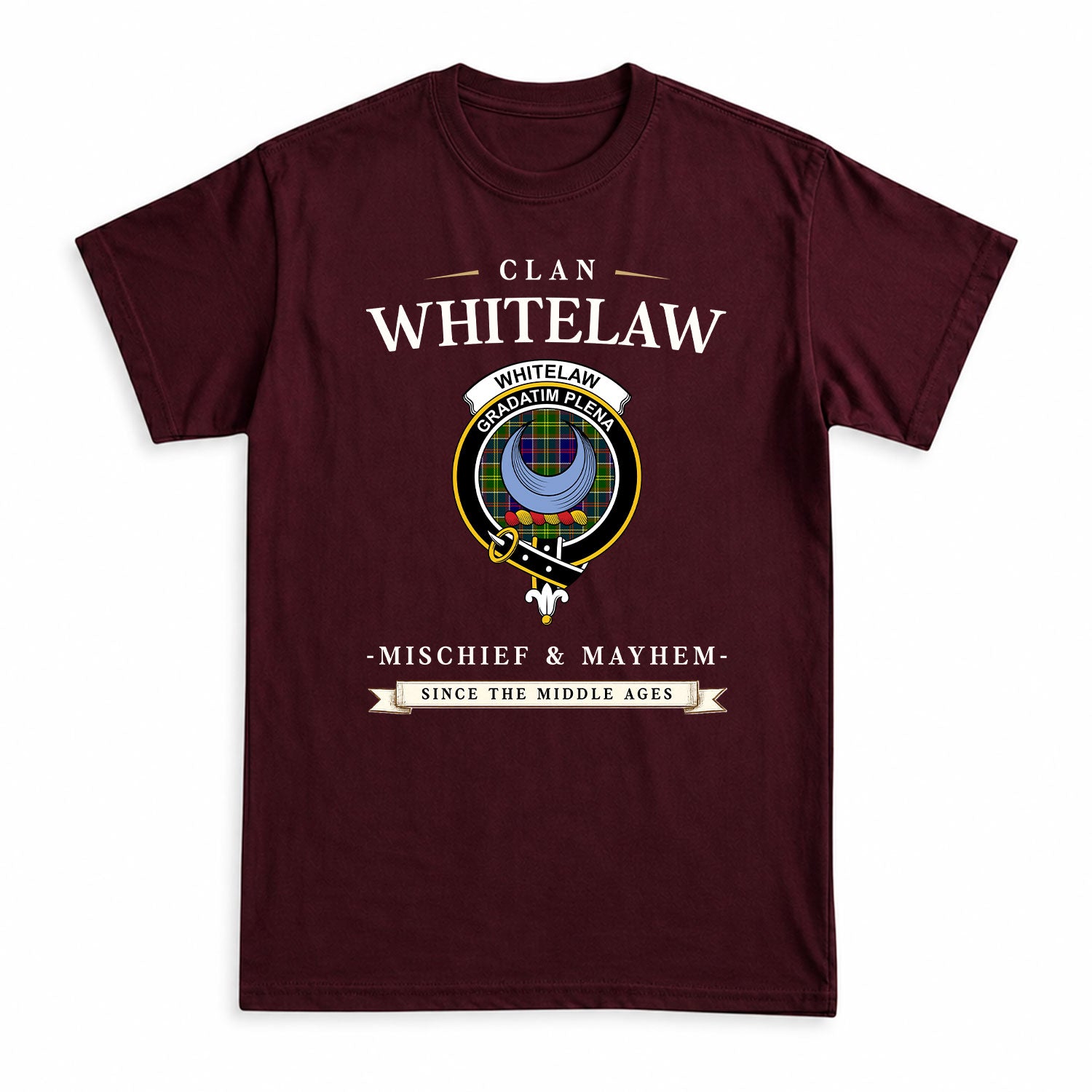 Whitelaw Tartan Crest Mischief and Mayhem T-shirt