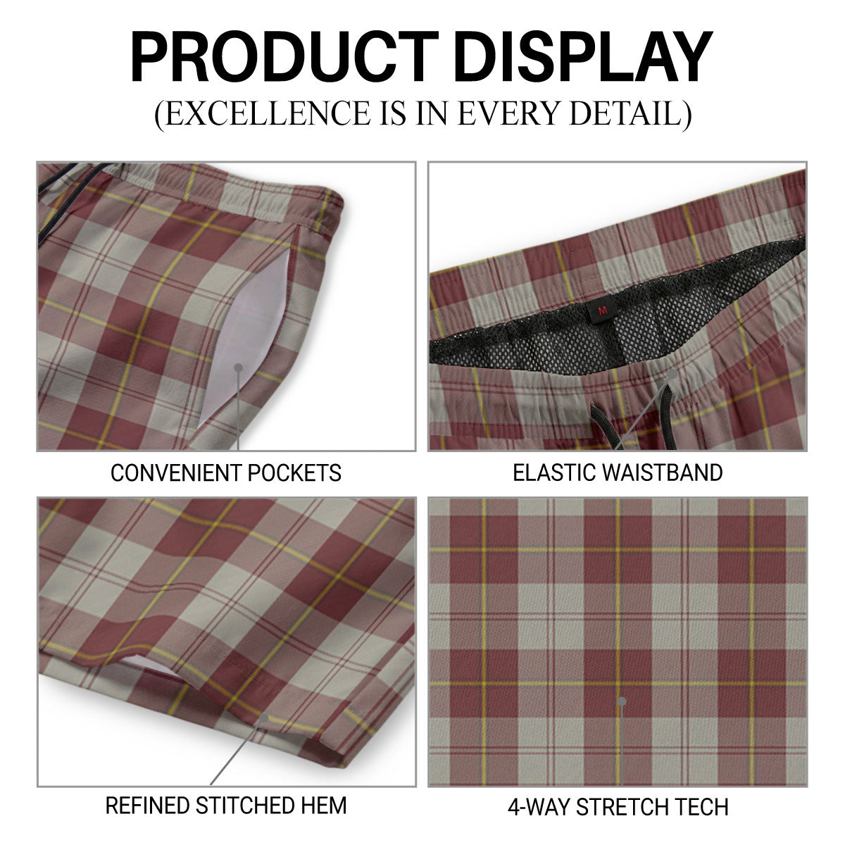 Cunningham Burgundy Dancers Tartan Crest Men's Beach Shorts