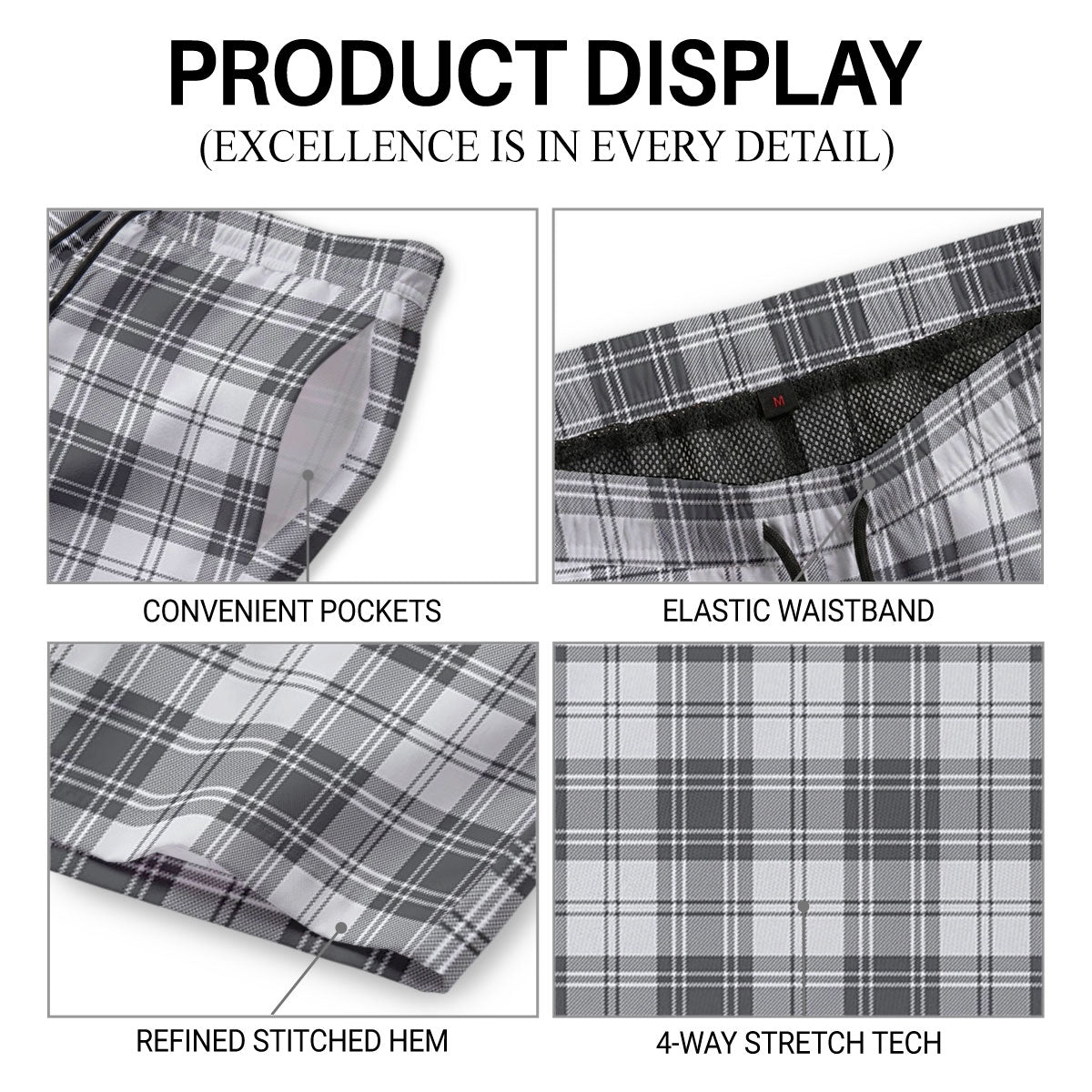 Douglas Grey Modern Tartan Crest Men's Beach Shorts