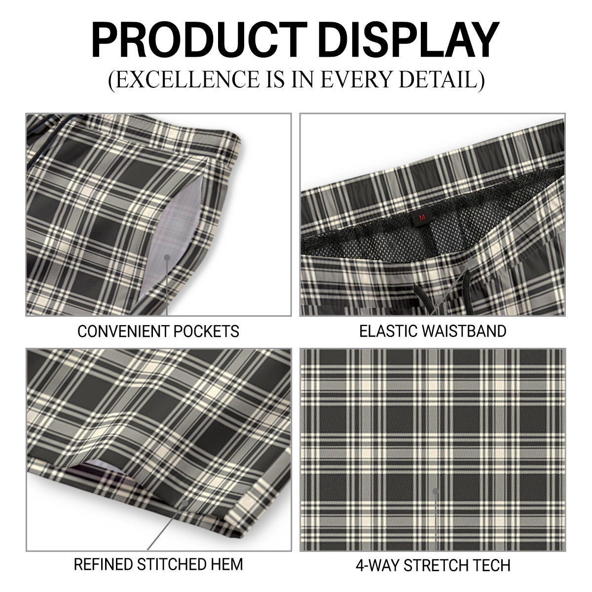 Menzies Black - White Ancient Tartan Crest Men's Beach Shorts