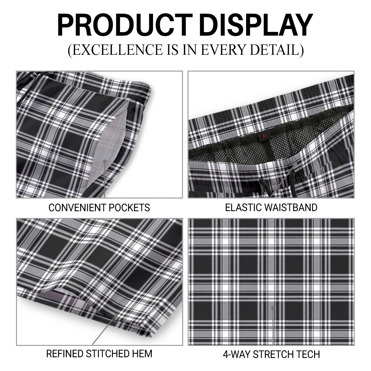 Menzies Black - White Modern Tartan Crest Men's Beach Shorts