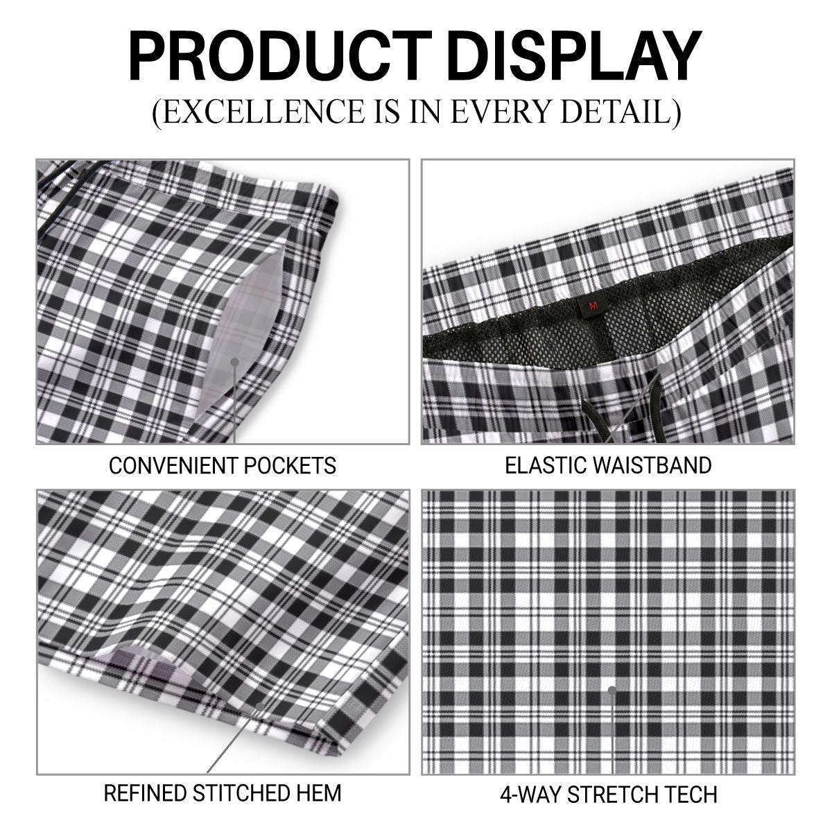 Scott Black & White Modern Tartan Crest Men's Beach Shorts