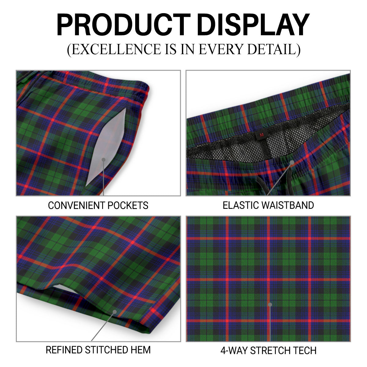 Urquhart Modern Tartan Crest Men's Beach Shorts