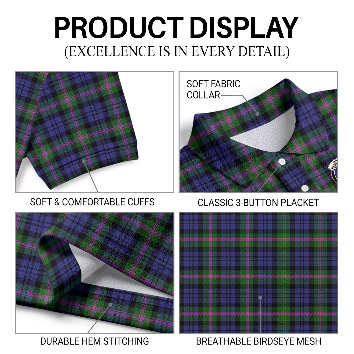 Baird Modern Tartan Crest Birdseye Mesh Polo Shirt