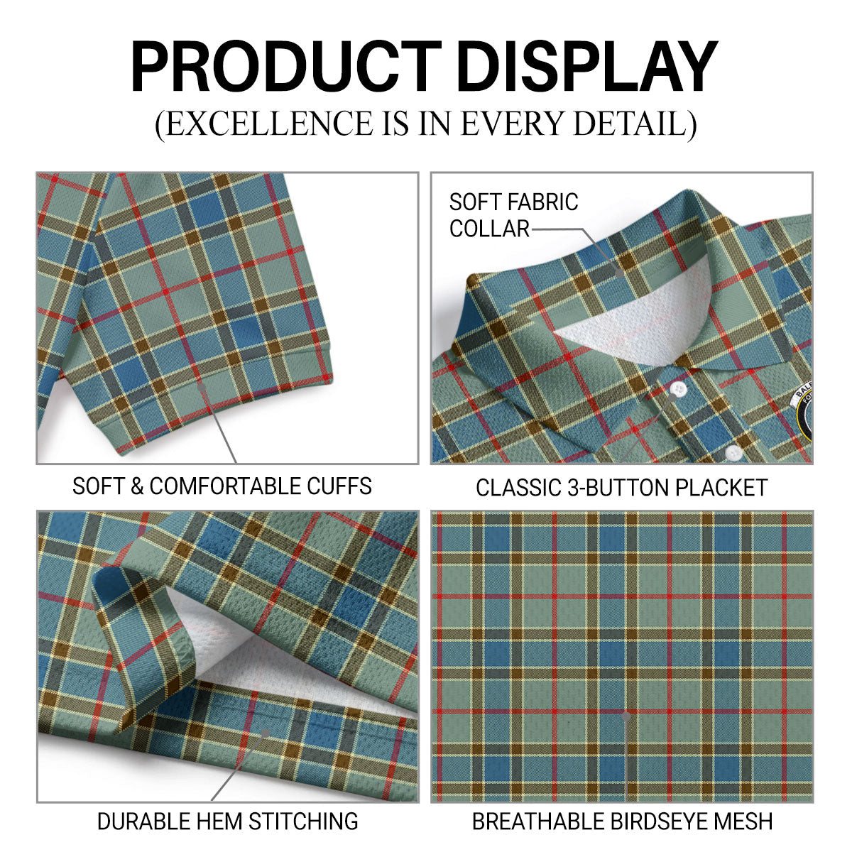 Balfour Blue Tartan Crest Birdseye Mesh Polo Shirt