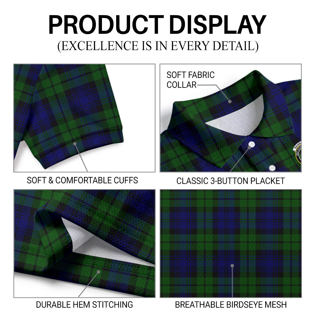 Bannatyne Tartan Crest Birdseye Mesh Polo Shirt