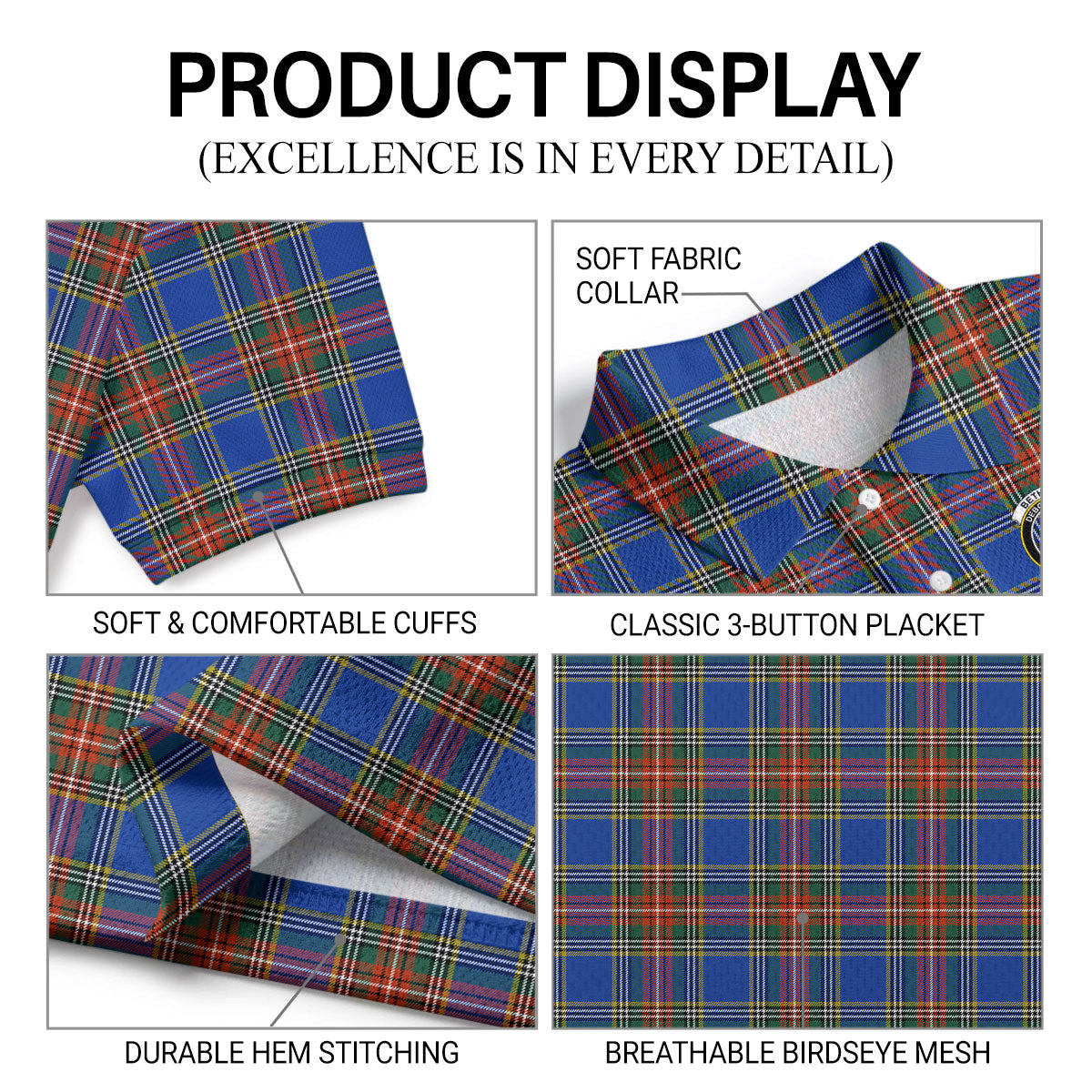 Bethune Ancient Tartan Crest Birdseye Mesh Polo Shirt