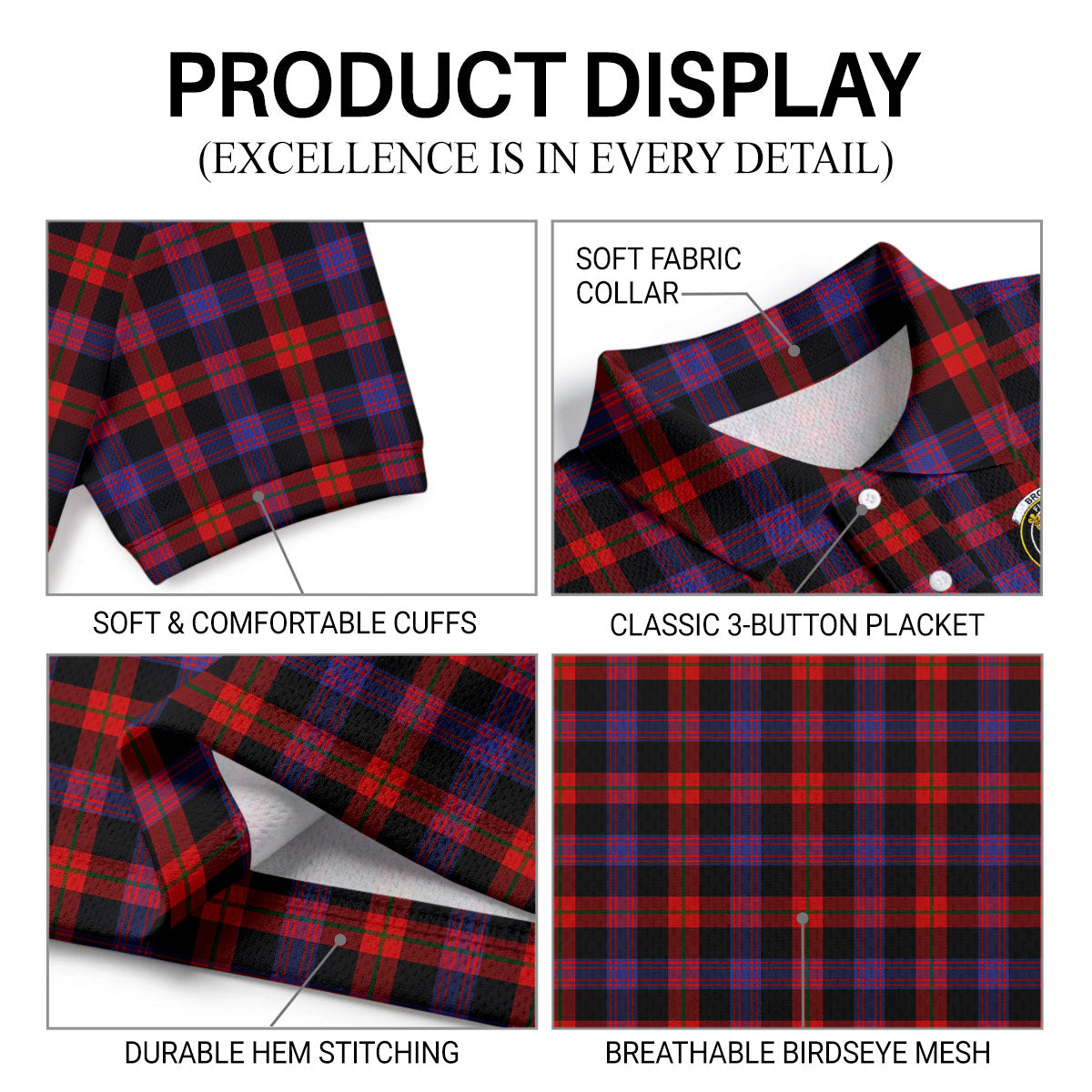 Brown Modern Tartan Crest Birdseye Mesh Polo Shirt