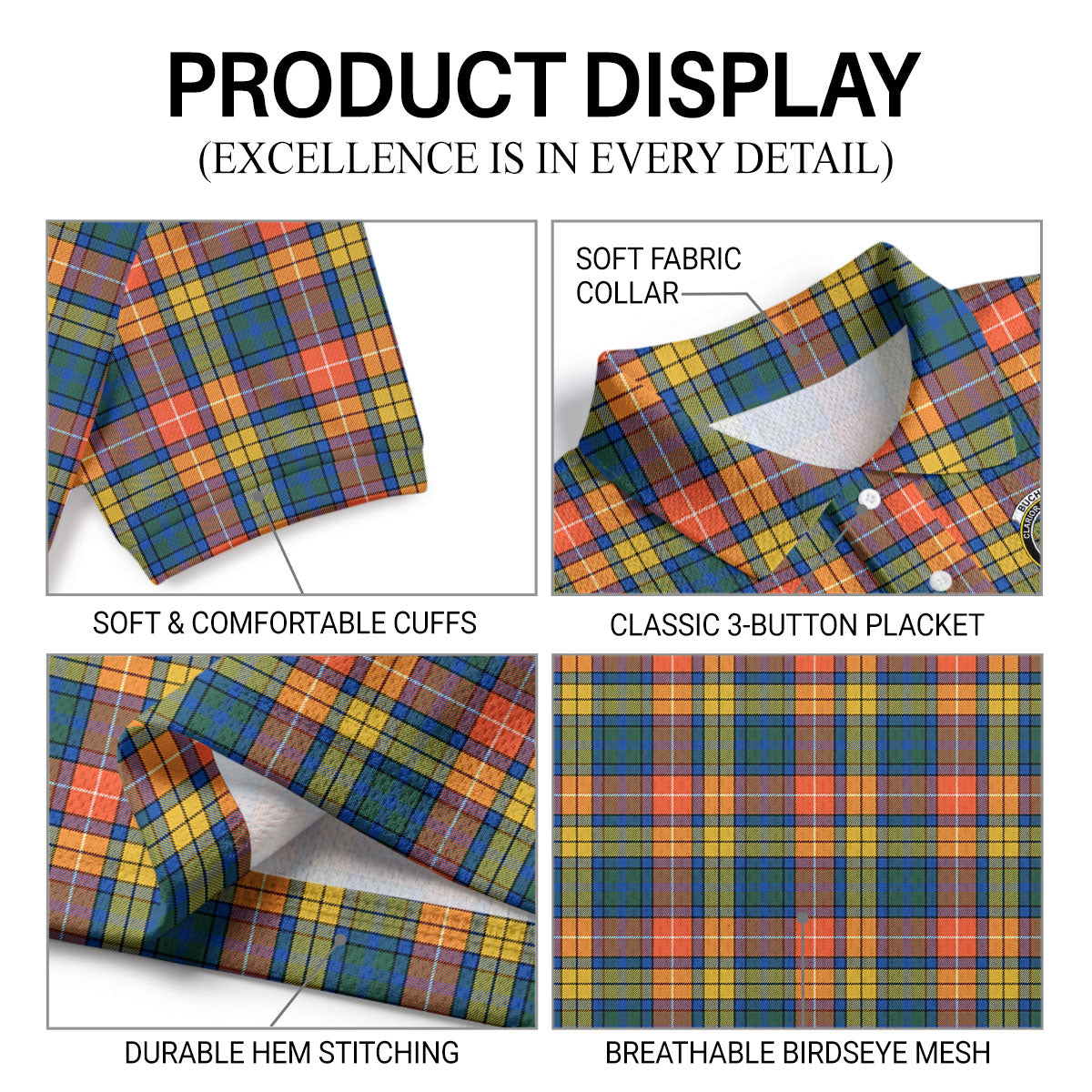 Buchanan Ancient Tartan Crest Birdseye Mesh Polo Shirt