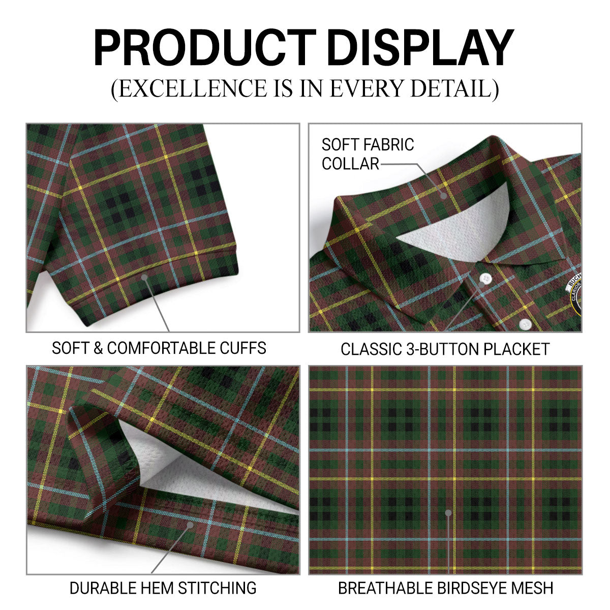 Buchanan Hunting Tartan Crest Birdseye Mesh Polo Shirt