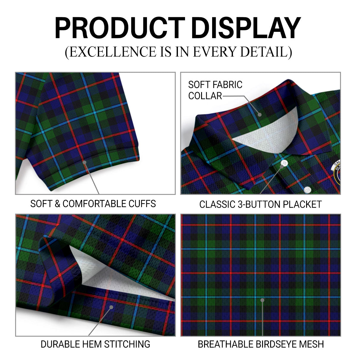 Calder (Calder-Campbell) Tartan Crest Birdseye Mesh Polo Shirt