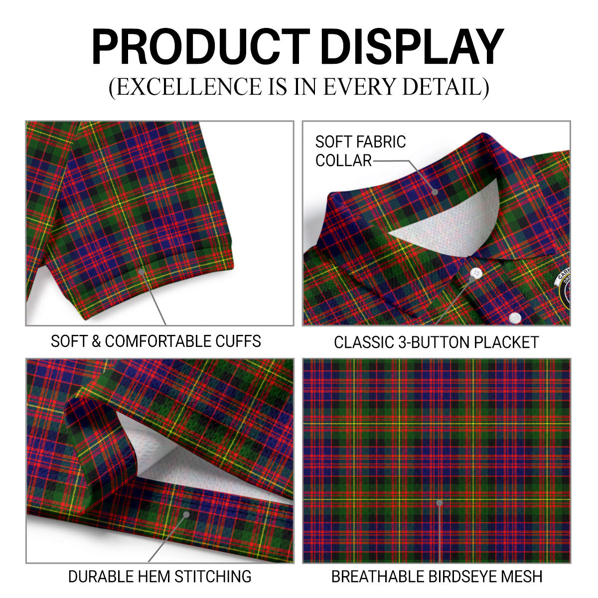 Carnegie Modern Tartan Crest Birdseye Mesh Polo Shirt
