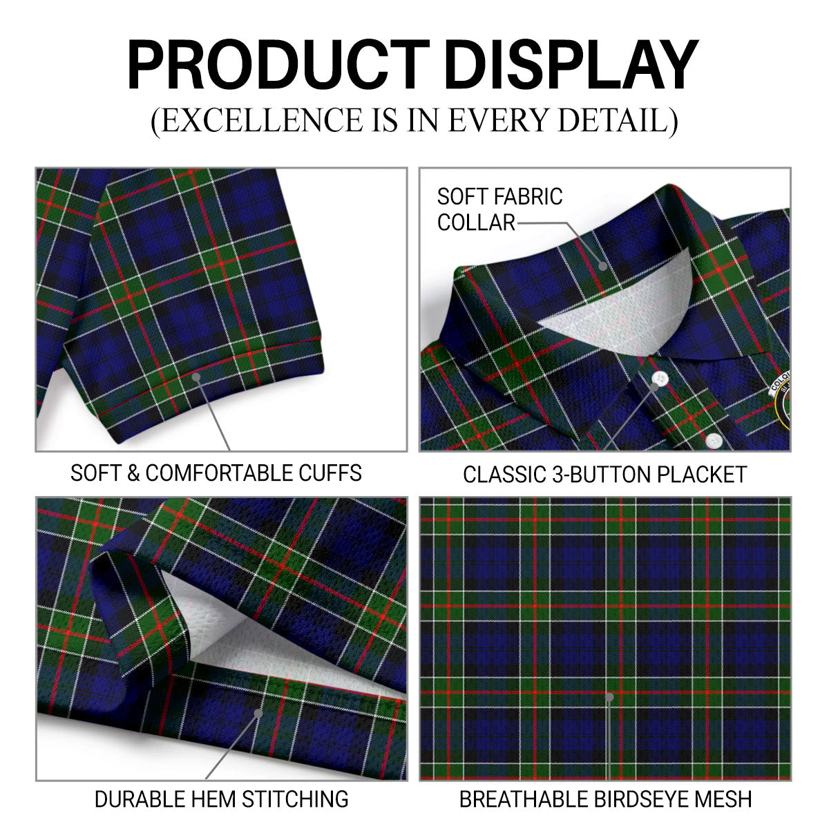 Colquhoun Modern Tartan Crest Birdseye Mesh Polo Shirt