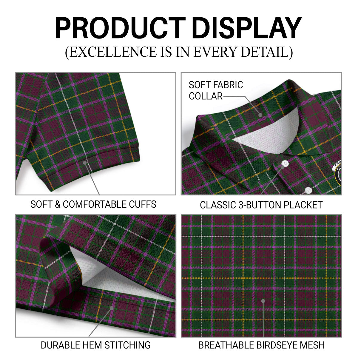 Crosbie Tartan Crest Birdseye Mesh Polo Shirt