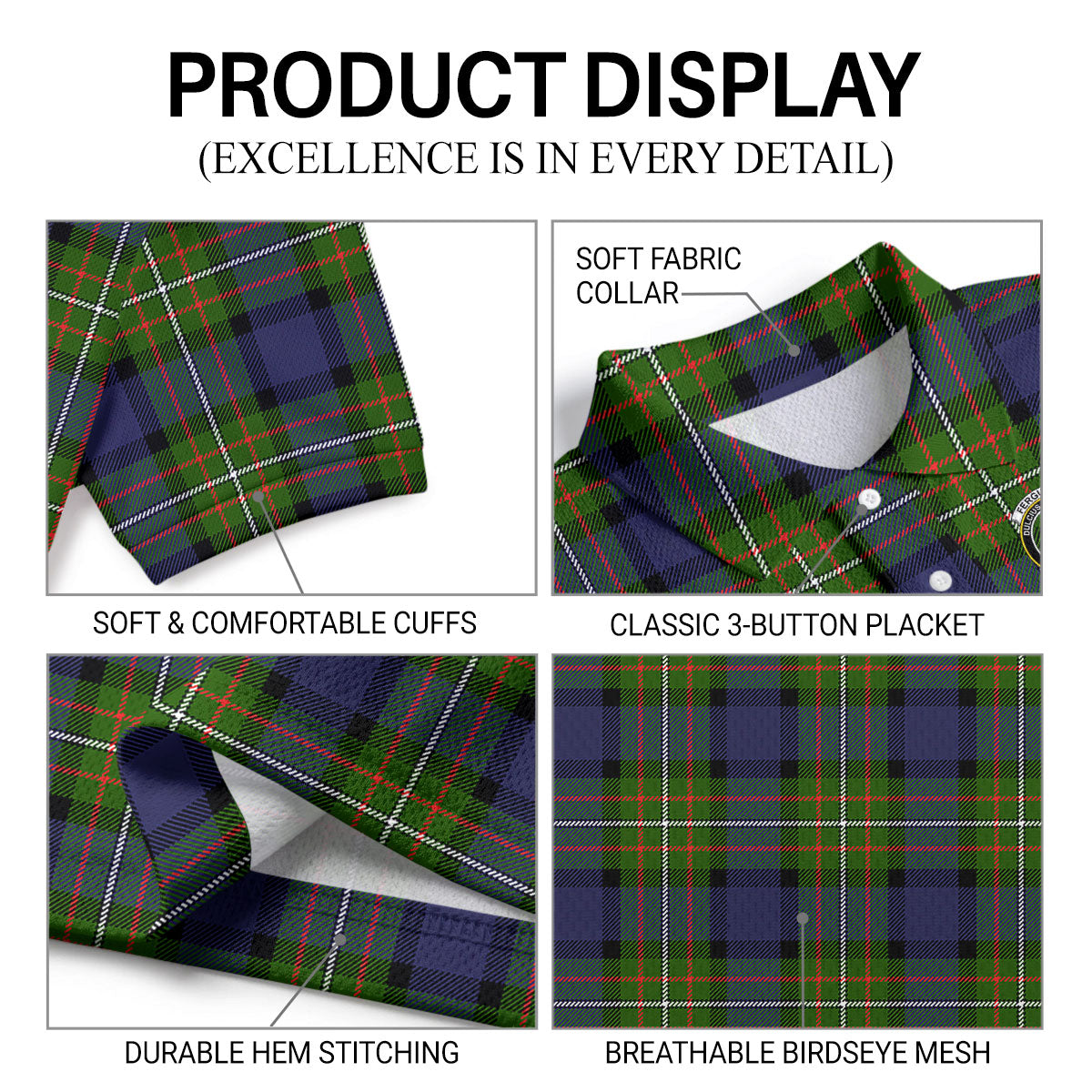 Fergusson Modern Tartan Crest Birdseye Mesh Polo Shirt