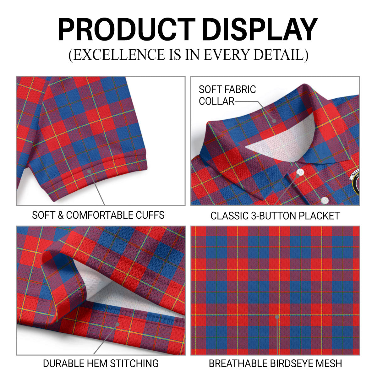 Galloway Red Tartan Crest Birdseye Mesh Polo Shirt