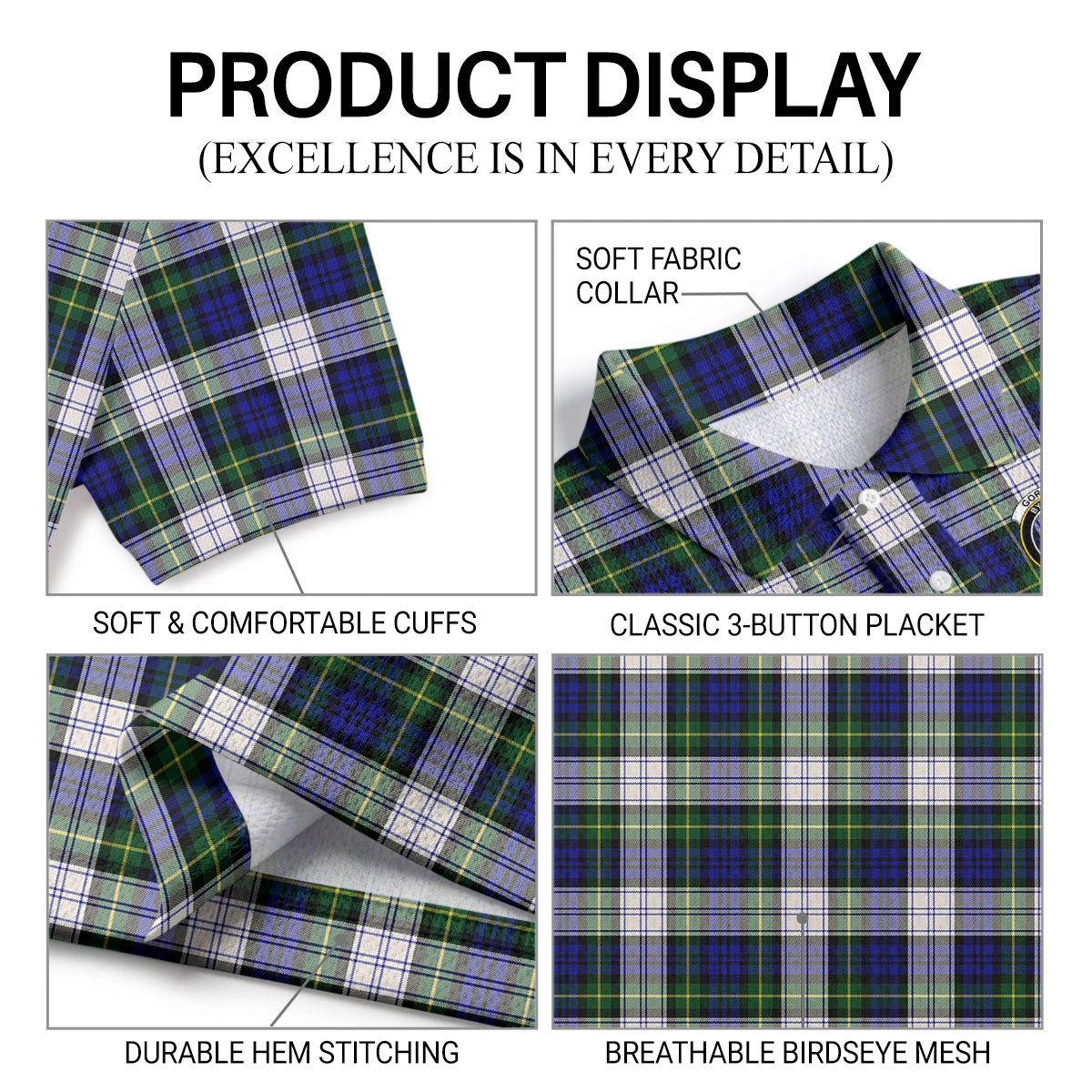 Gordon Dress Modern Tartan Crest Birdseye Mesh Polo Shirt